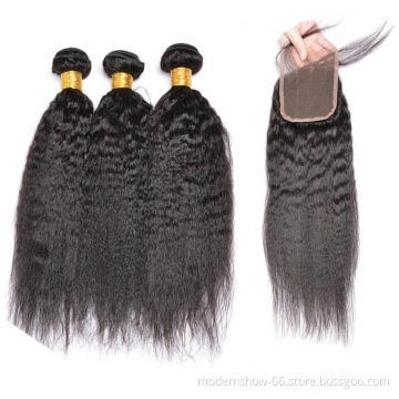 8a Grade Unprocessed Yaki Kinky Straight Wave 3 to 4 Hair Bundles with Closure